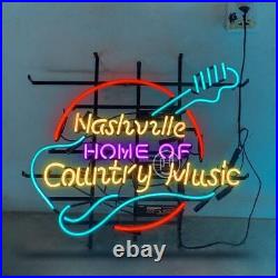 24x20Guitar Nashville Home Of Country Music Neon Sign Light Real Glass Artwork